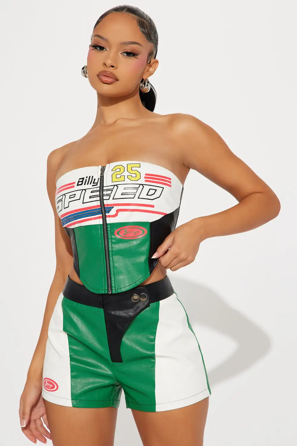 Race Track Ready Faux Leather Short Set - Green/combo