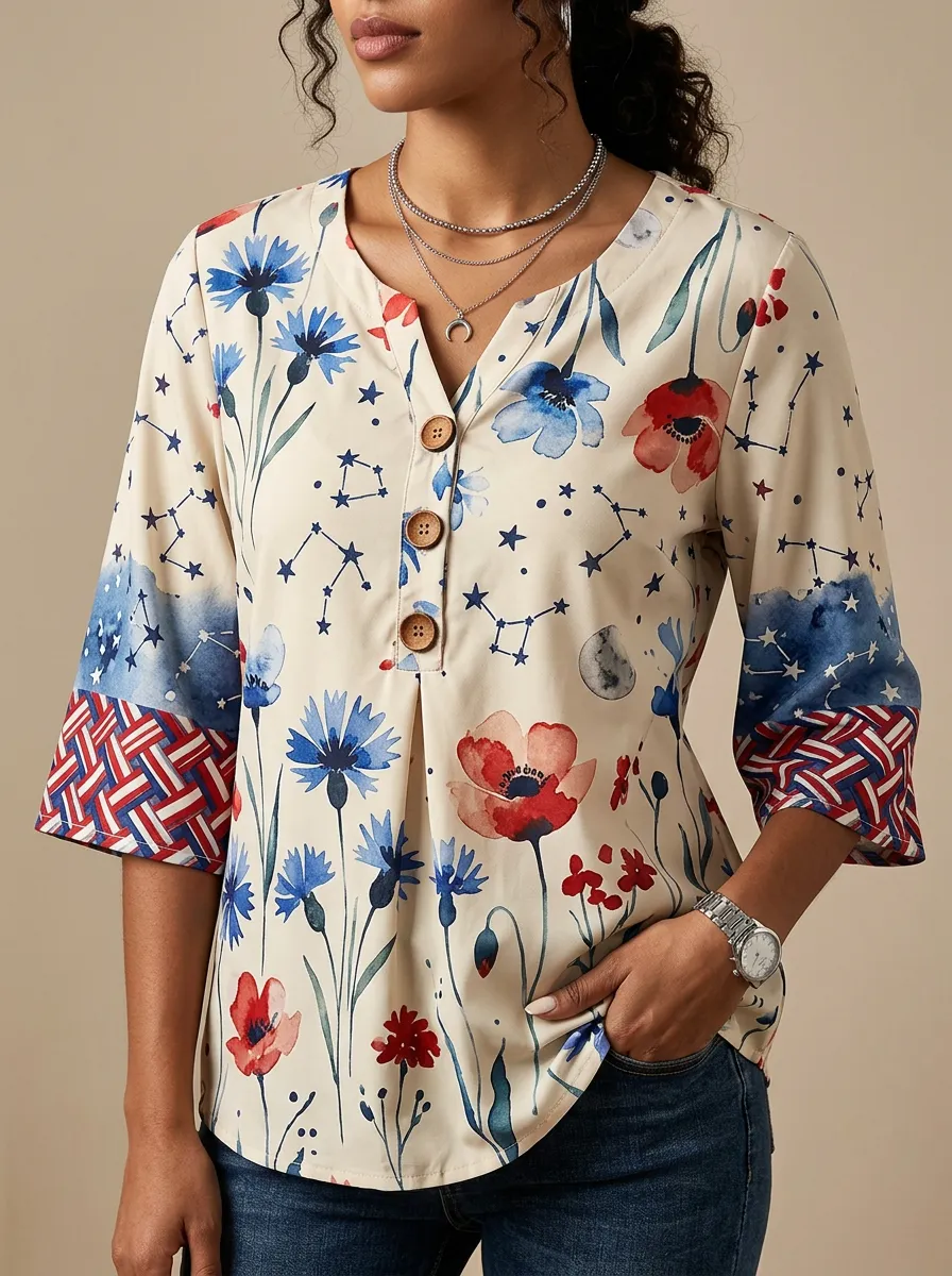 Women's Nashville Floral Constellation Pattern Printed V-Neck Top