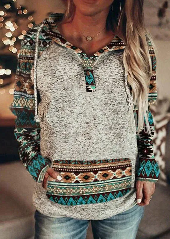 Ethnic Geometric Snap Button Pocket Hoodie - Gray