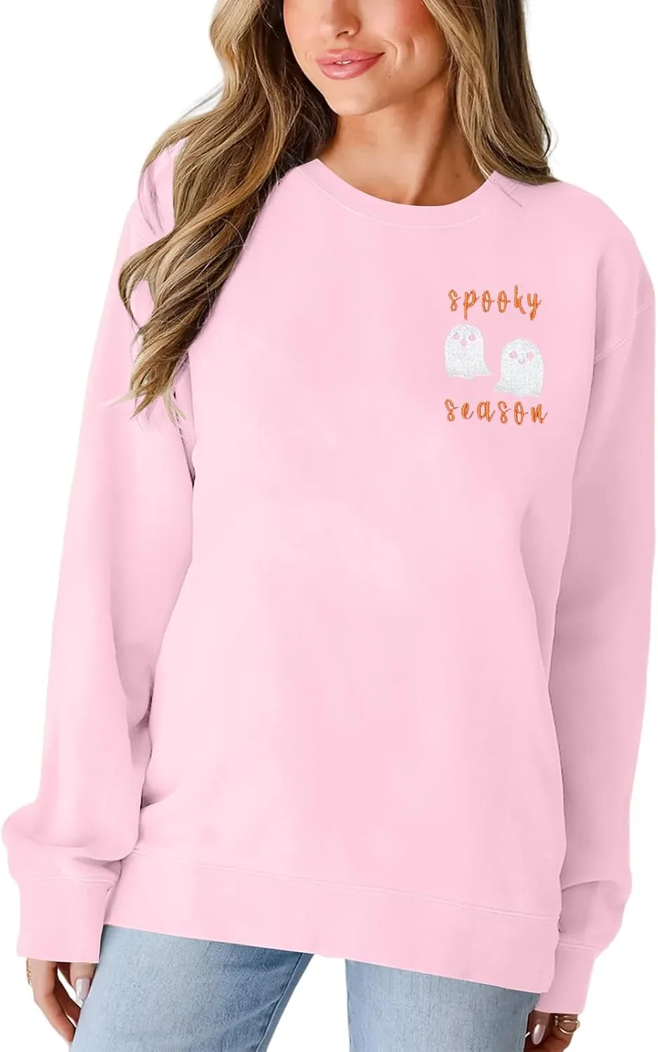 LOTUCY Halloween Sweatshirt Women Cute Spooky Season Sweatshirts Ghost Fall Embroidered Sweater Pullover Top