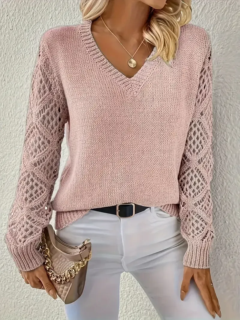 Hollow Out V Neck Pullover Sweater, Elegant Long Sleeve Knit Sweater, Women's Clothing