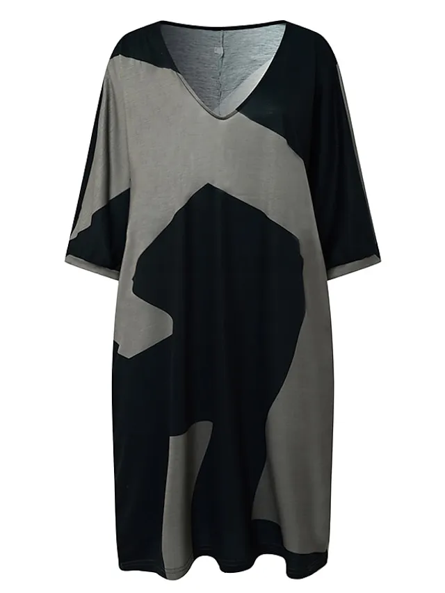 Women‘s T Shirt Dress Tee Dress Mini Dress Black Half Sleeve Color Block Patchwork Print Summer Spring V Neck Vacation Casual 2023 S M L XL XXL 3XL