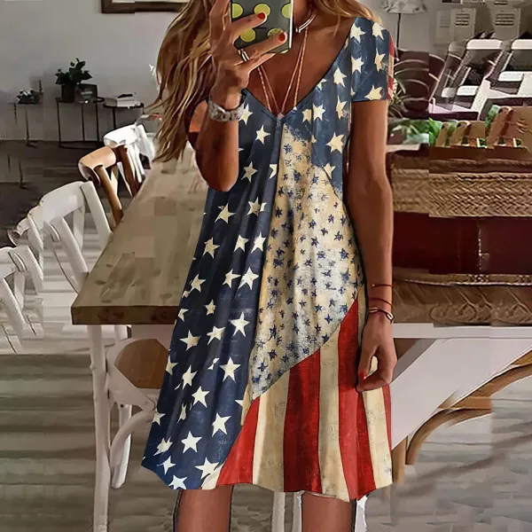 Women's Vintage Independence Day Flag Short Sleeve Dress