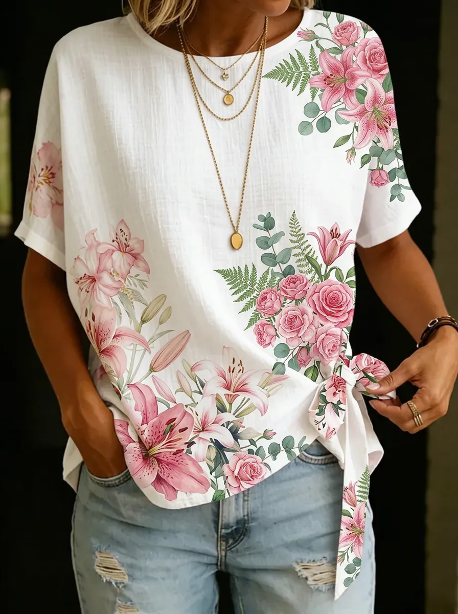 Women's Nashville Floral Lily Rose Printed Tie-Side Top