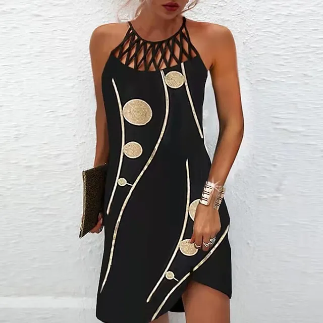 Women's Casual Dress Halter Neck Dress Midi Dress Leopard Black Wine Sleeveless Geometric Cut Out Summer Spring Halter Fashion Vacation 2023 S M L XL XXL 3XL
