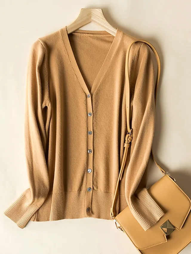 Women's Cardigan Sweater V Neck Ribbed Knit Polyester Button Fall Winter Short Daily Going out Weekend Stylish Casual Soft Long Sleeve Solid Color Haze blue Black White S M L
