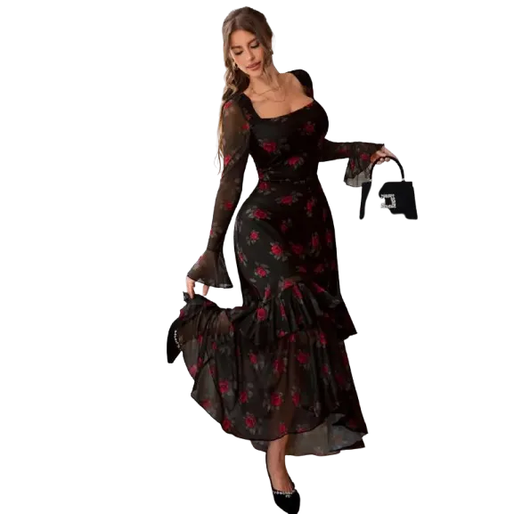 Women's Elegant Fashion Casual Square Neck Long Sleeve Dress