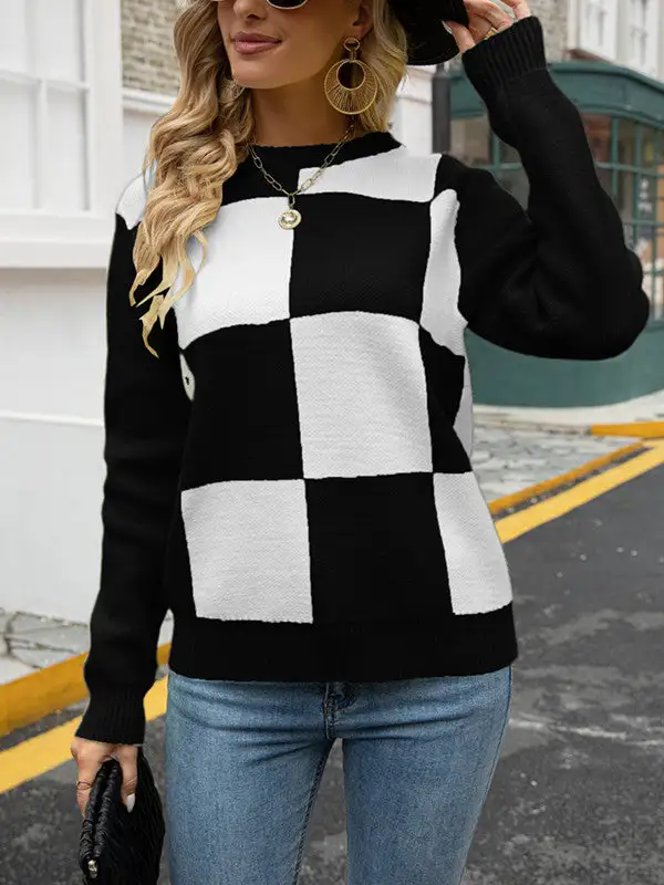 Crew Neck Knitted Plaid Sweater