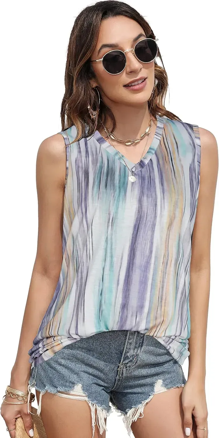 Summer Tops for Women Sleeveless V Neck Tshirt Loose Fit Casual Tank Tunic Blouse