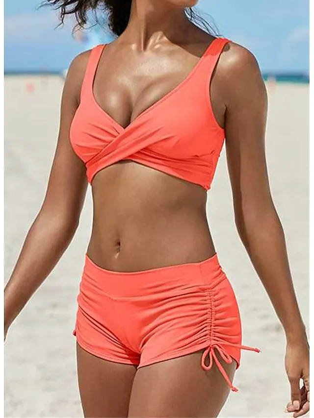 Women's Swimwear Bikini 2 Piece Plus Size Swimsuit Ruched Backless 2 Piece Open Back Slim Camouflage Pure Color Orange Padded V Wire Bathing Suits New Vacation Fashion