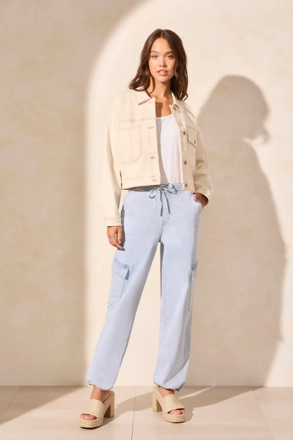 Drop Shoulder Crop Denim Jacket-Ecru