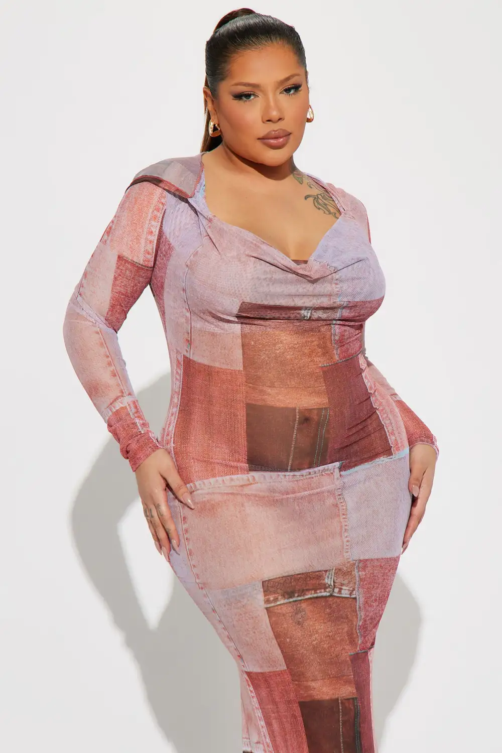 Dayna Hooded Mesh Maxi Dress - Rust/combo