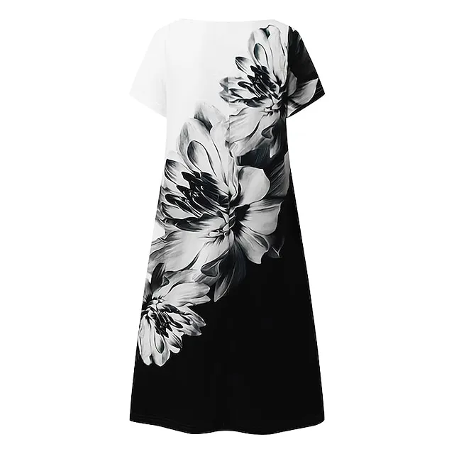 Women's Casual Dress Shift Dress Floral Dress Mini Dress Black And White Black White Short Sleeve Floral Print Summer Spring Scalloped Neck Fashion Vacation 2023 S M L XL XXL 3XL