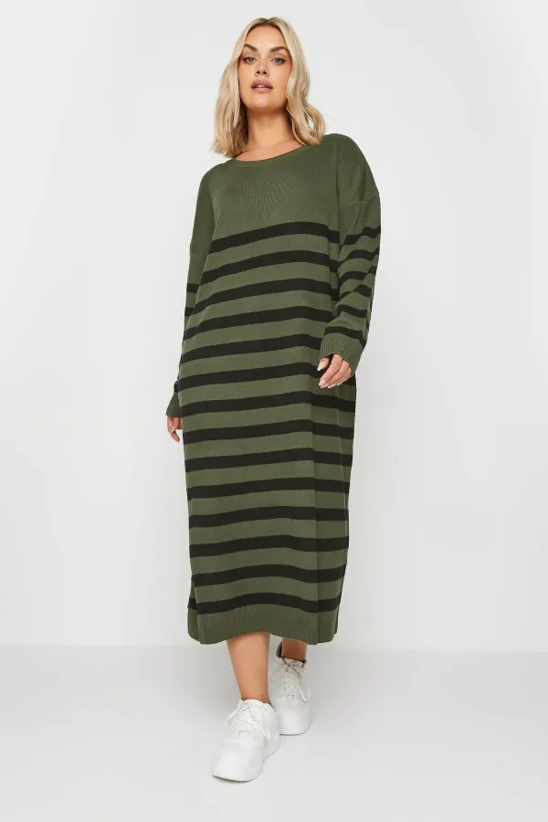 YOURS Curve Khaki Green Stripe Knitted Jumper Dress