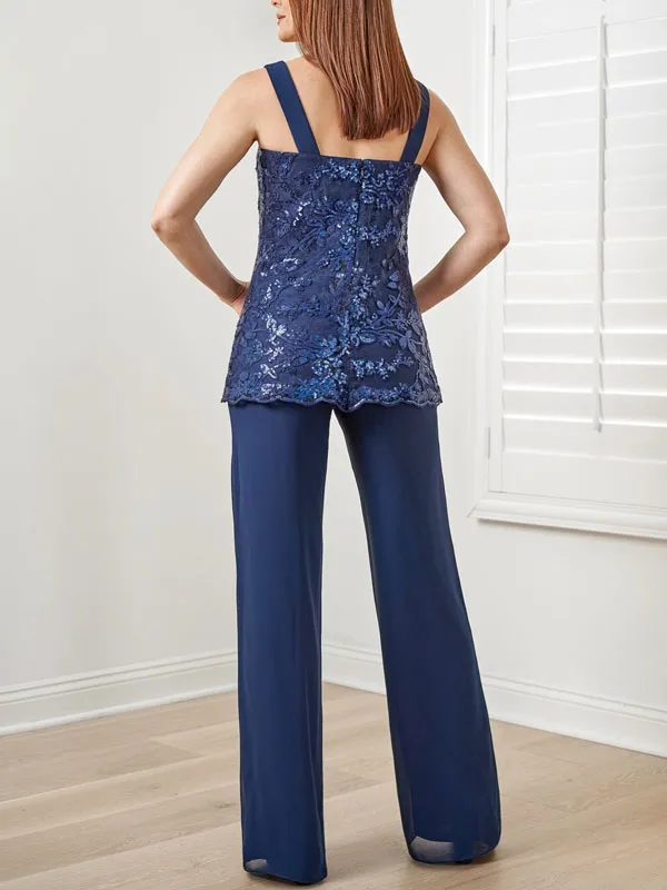 Suit Sequined Chiffon Embroidered Top + Chiffon Long Pants