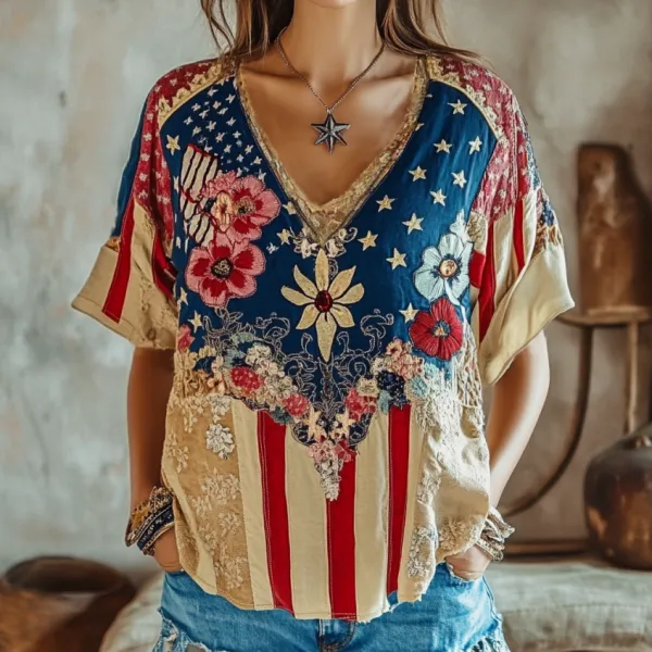 Women's Floral Embroidery Independence Day Short Sleeve V Neck Casual Linen Top
