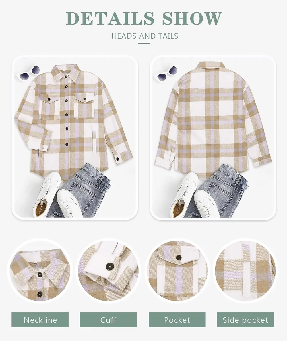 Women's Flannel Plaid Shacket Long Sleeve Button Down Chest Pocketed Shirts Jacket Coats