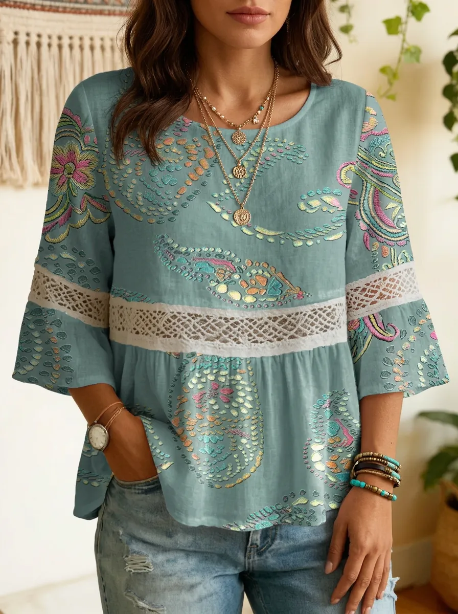 Women's Nashville Boho Paisley Lace Trim Printed Top