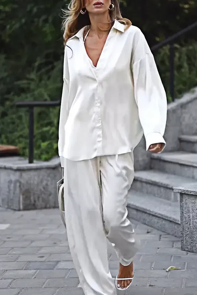 Women's Fashion Solid Color Silk Fabric Tank Top and Shirt and Pants Three Piece Set