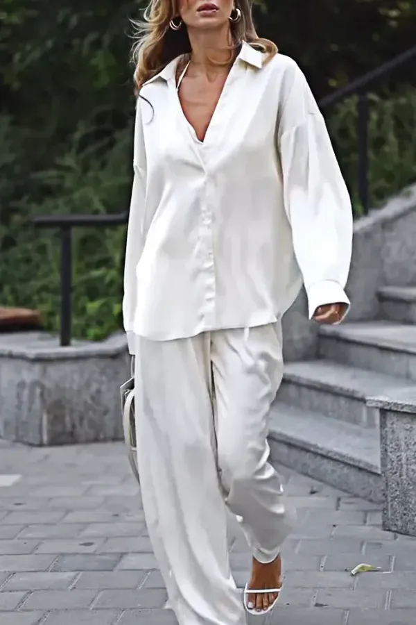 Women's Fashion Solid Color Silk Fabric Tank Top and Shirt and Pants Three Piece Set