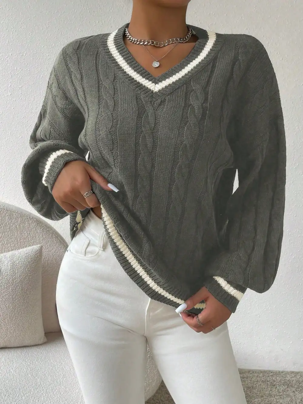 Sweater ribete de rayas tejido de cable de hombros caídos