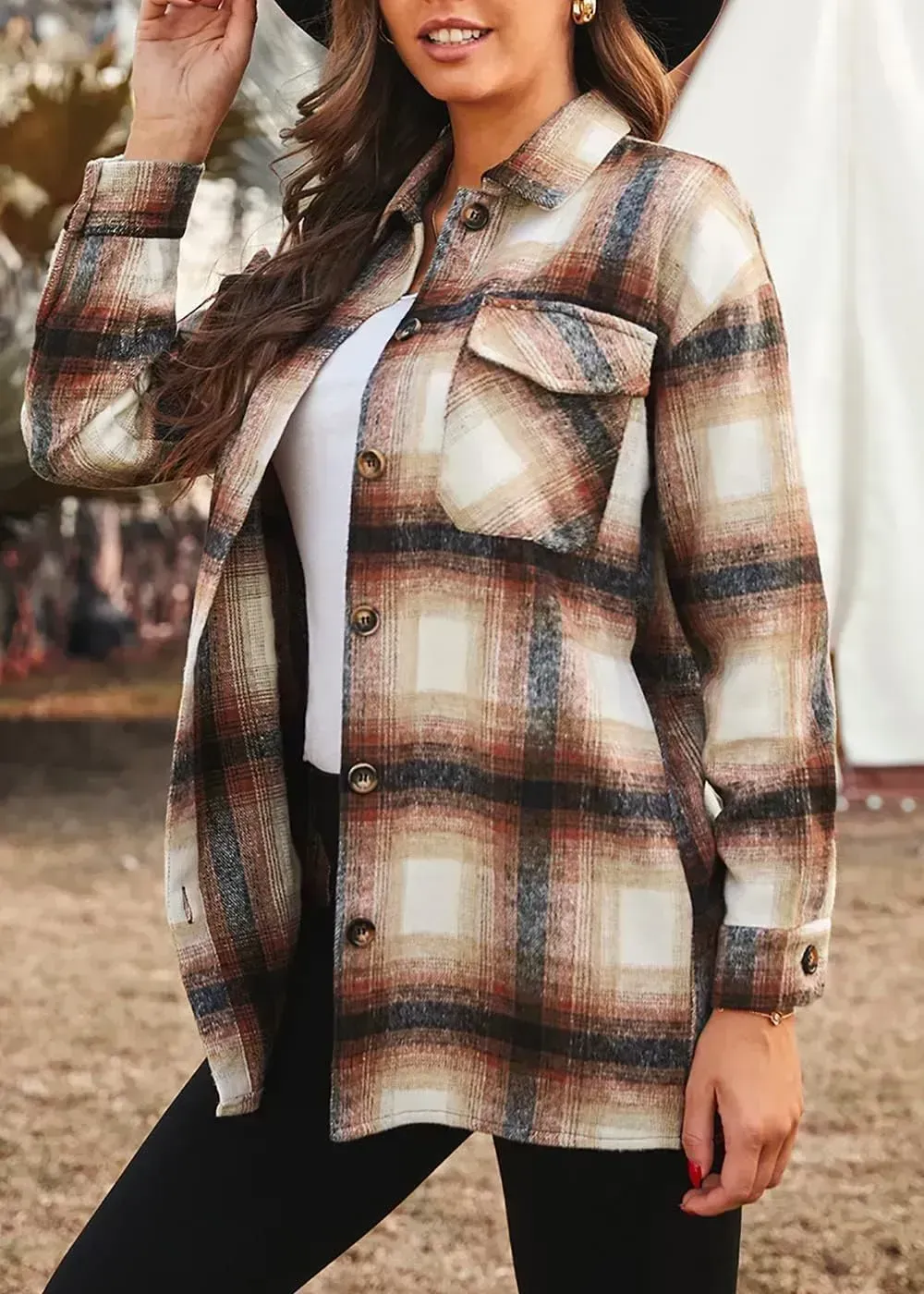 Women's 2023 Fall Clothes Plaid Shacket Jacket Long Sleeve Button Down Flannel Shirts Fashion Blouse