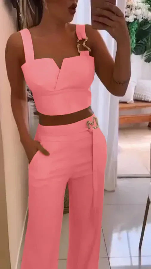 Women's Fashion Solid Color Suspender V-Neck Top Wide Leg Casual Pants Two-Piece Set