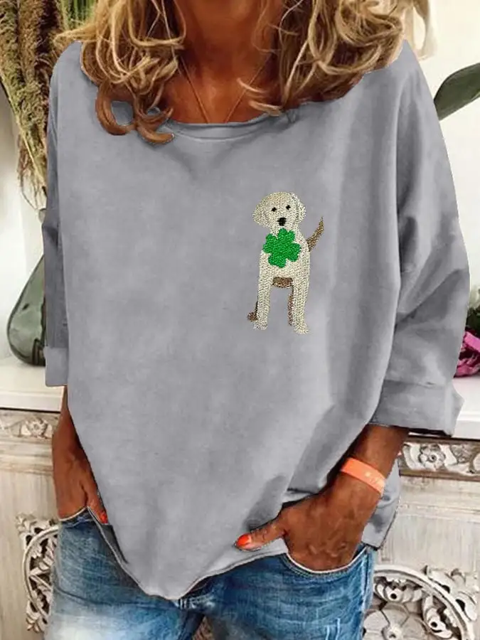 Women's St. Patrick's Day Clover Dog Print T-Shirt
