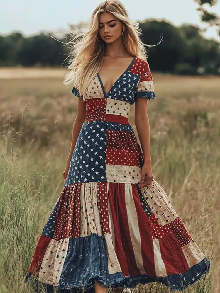 Women's Vintage Independence Day Patchwork Flower Art Linen Blend Midi Dress