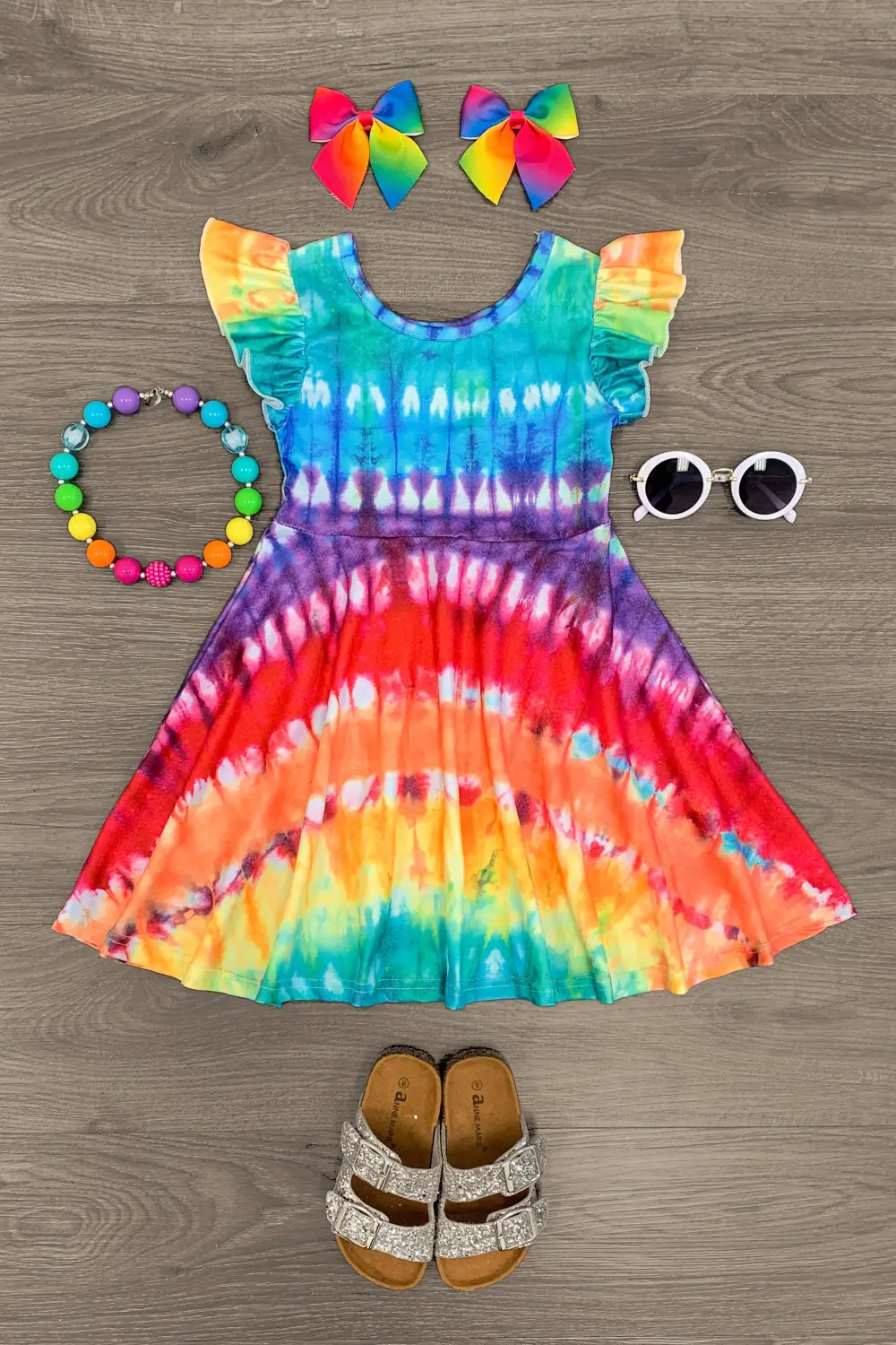 Rainbow Tie Dye Stripe Ruffle Sleeve Dress