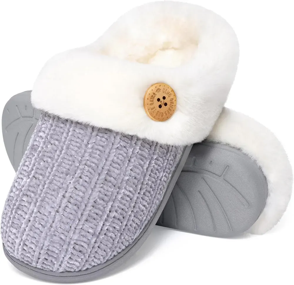 Warm Knit House Slippers for Women Comfy Wool-Like Lined Chenille Slippers with Memory Foam and Indoor Outdoor Soles