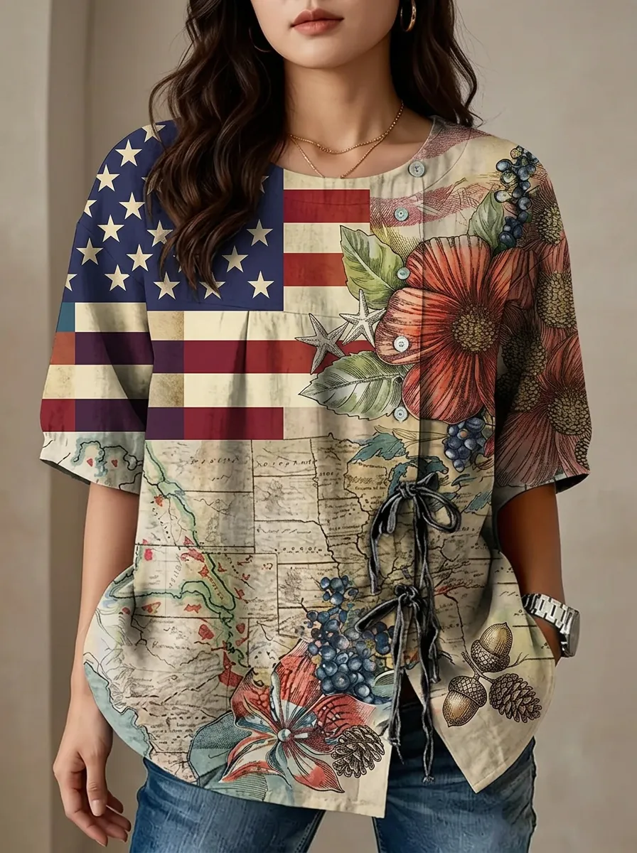 Women's Nashville USA Flag Map Floral Printed Blouse