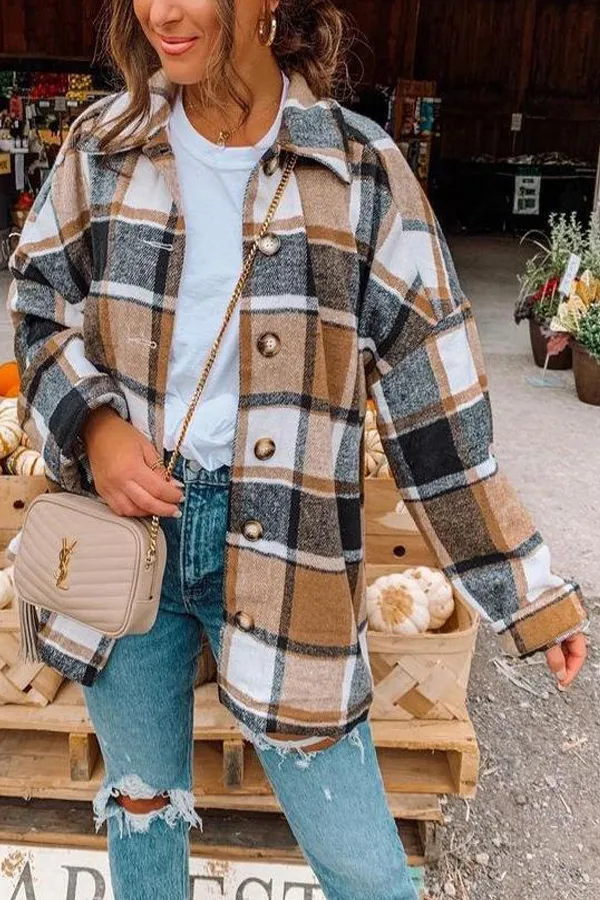 Casual Plaid Pattern Lapel Shirt Coat
