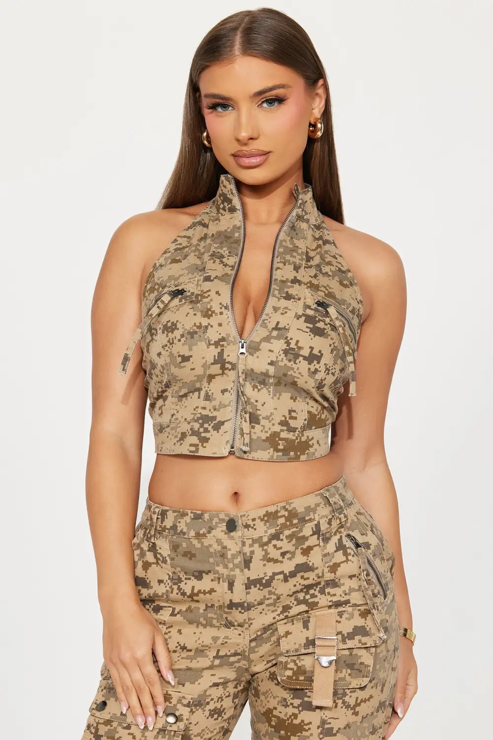 She's Confident Cargo Pant Set  - Brown/combo