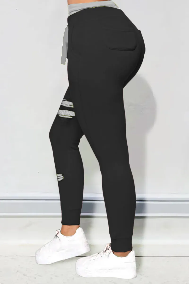 Letter Print Drawstring Ripped Pants