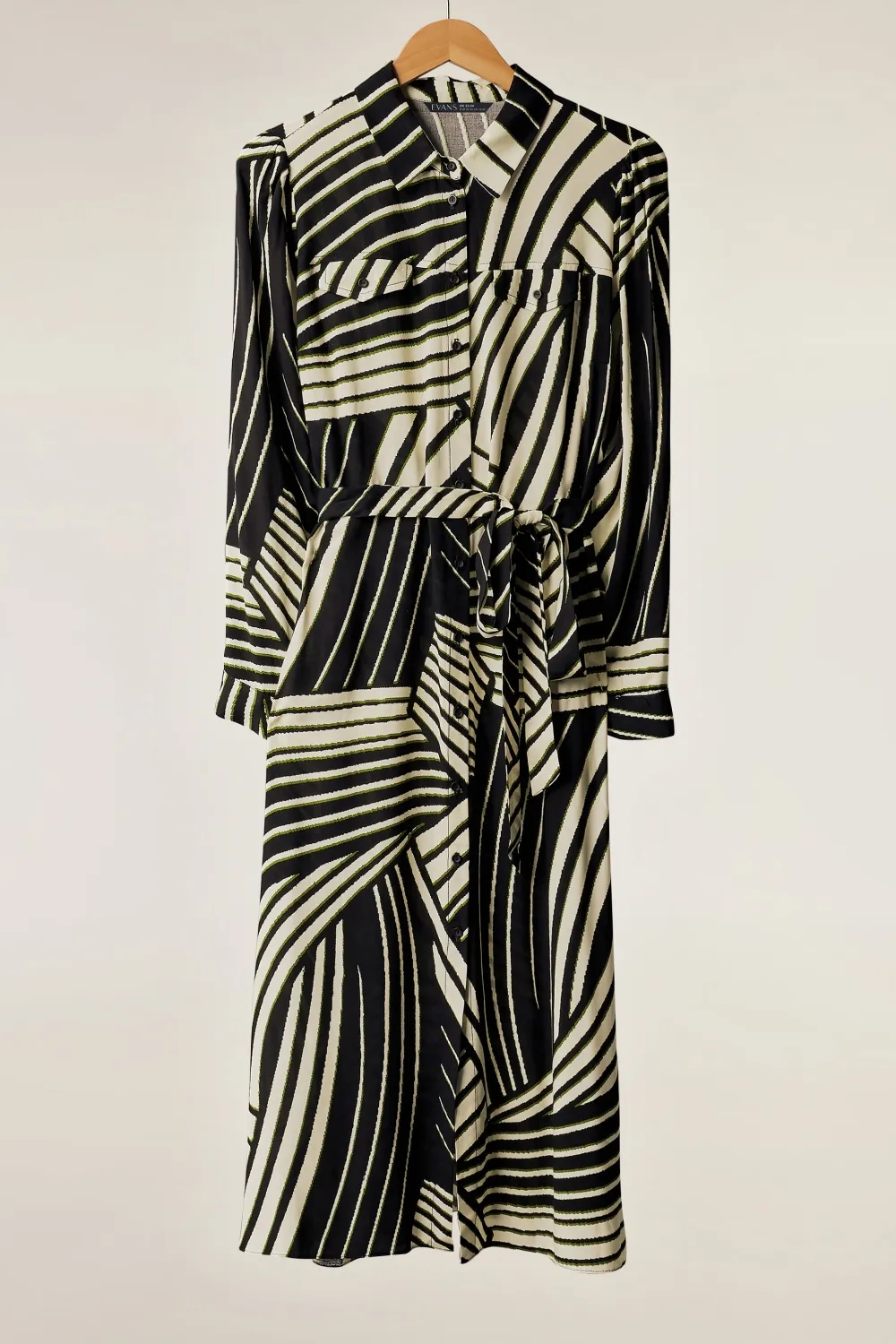 EVANS Curve Black & Ivory White Linear Print Utility Shirt Dress