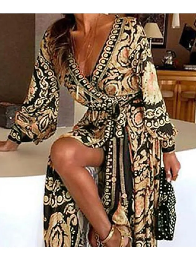 Women's Casual Dress Swing Dress Wrap Dress Long Dress Maxi Dress Blue Yellow Gray Long Sleeve Floral Lace up Winter Fall Spring V Neck Fall Dress 2022 S M L XL XXL 3XL