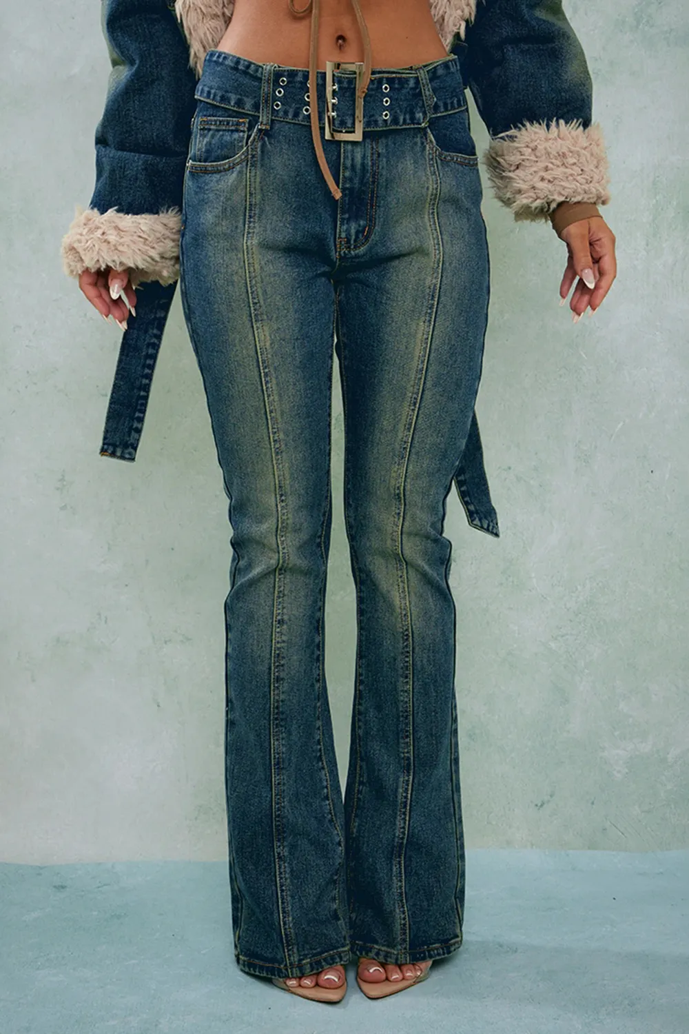 Indigo Vintage Wash Belted Seam Front Flare Jeans