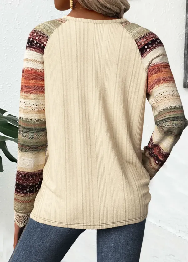 Beige Embroidery Striped Long Sleeve V Neck T Shirt