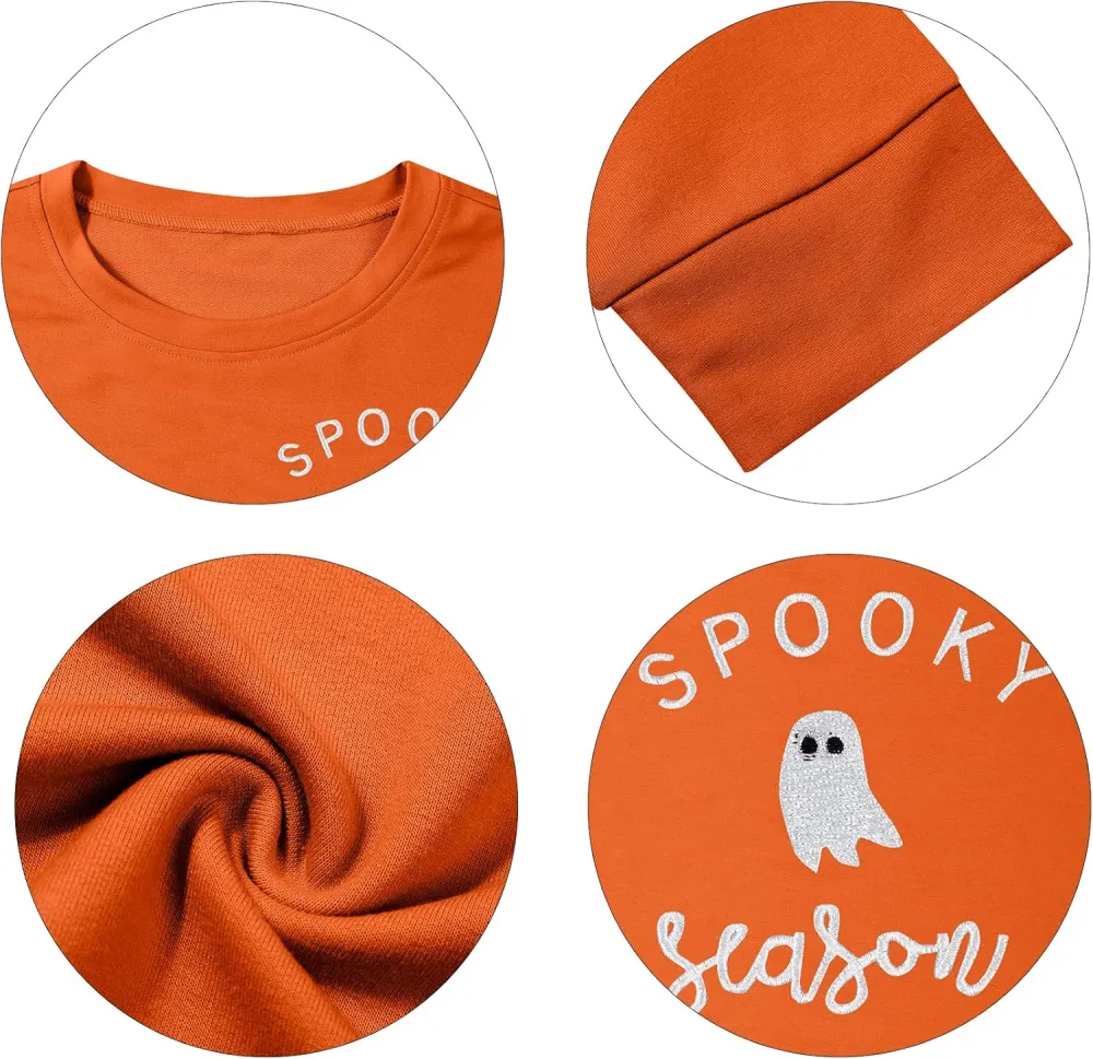 LOTUCY Halloween Sweatshirt Women Cute Spooky Season Sweatshirts Ghost Fall Embroidered Sweater Pullover Top