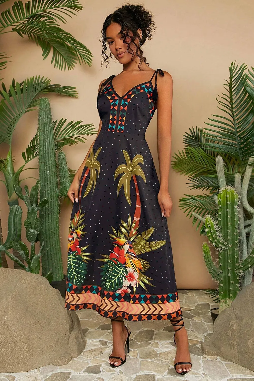 Plant Printed Shoulder Knot Summer Beach Women Dress