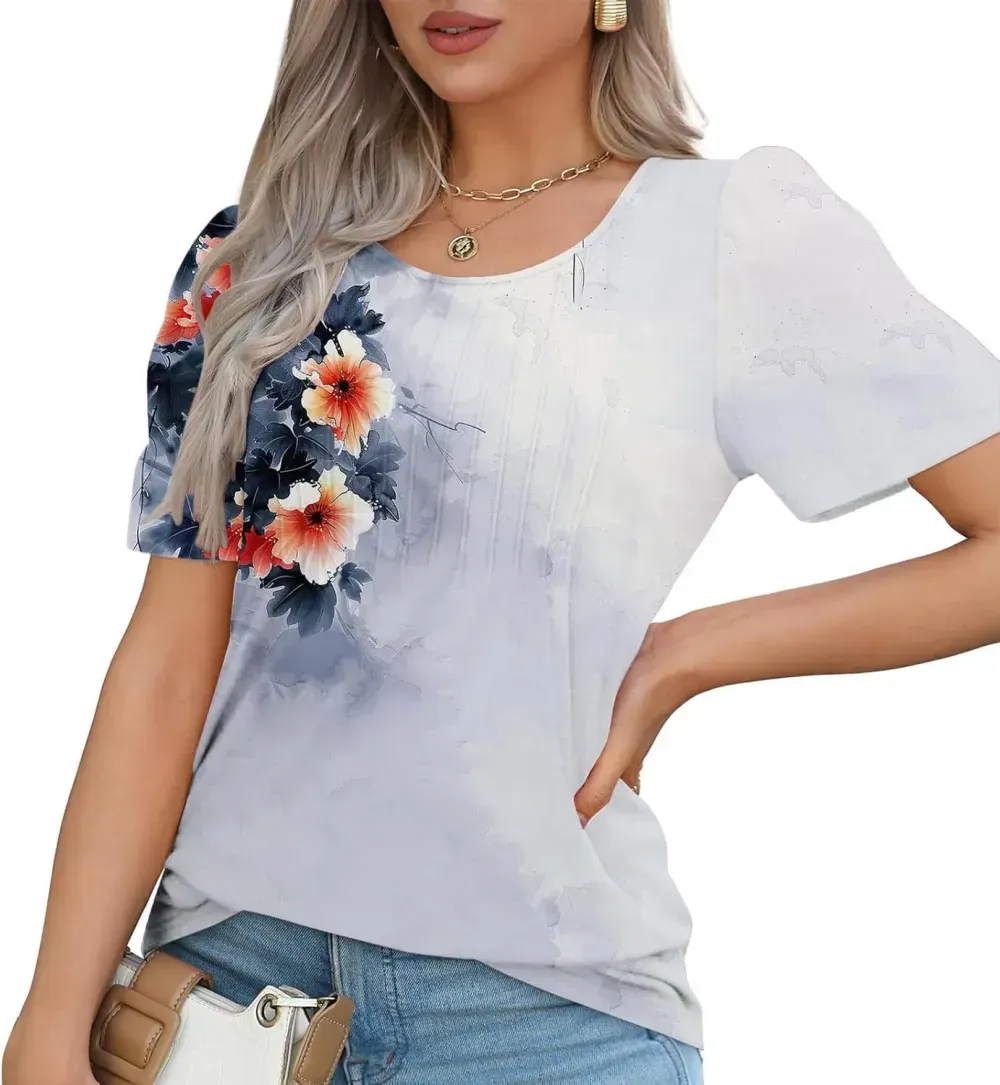 Womens Summer Pleated Front Shirts Tunics Casual Short Sleeved Loose Round Neck Boho Printed Tops Vacation Blouse