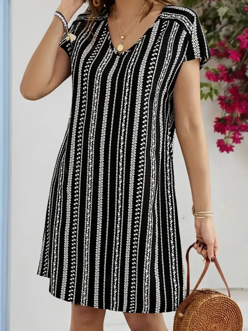 Striped V Neck Loose Dress - Casual Short Sleeve Dress For Spring & Summer