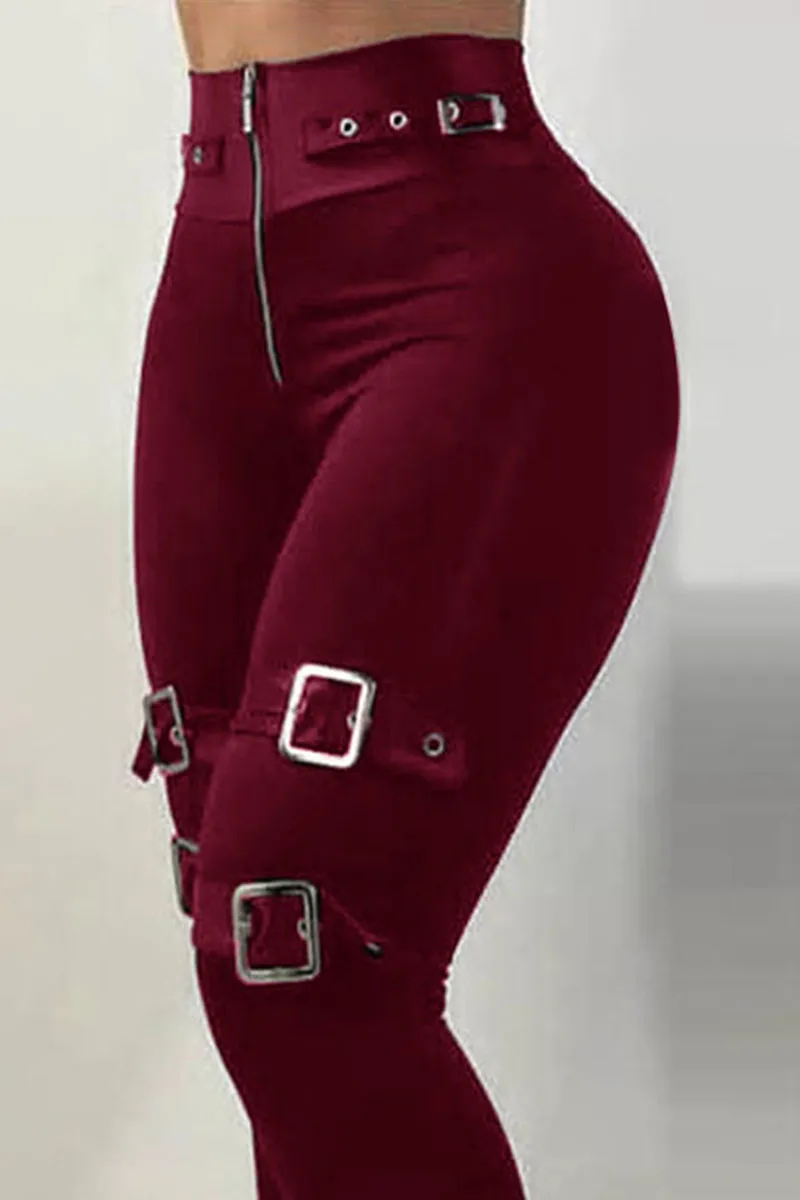 Zip Front Buckle Belted Skinny Pants