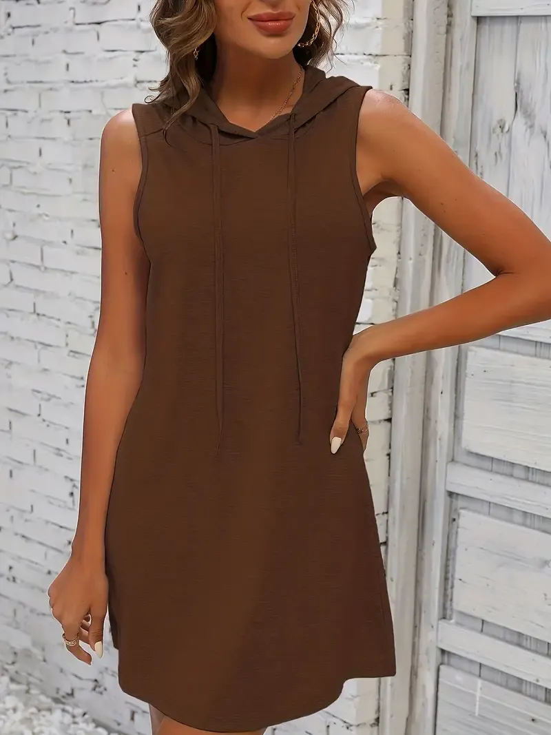 Drawstring Sleeveless Hooded Dress - Casual Dress For Spring & Summer - Women's Clothing - Lightweight & Breathable Fabric - Perfect for Casual Outings & Everyday Wear - Ideal Gift for Women
