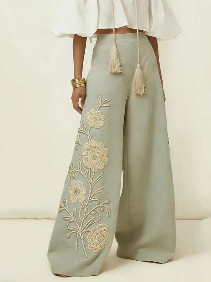Women's Cotton Linen Floral Embroidered Pants