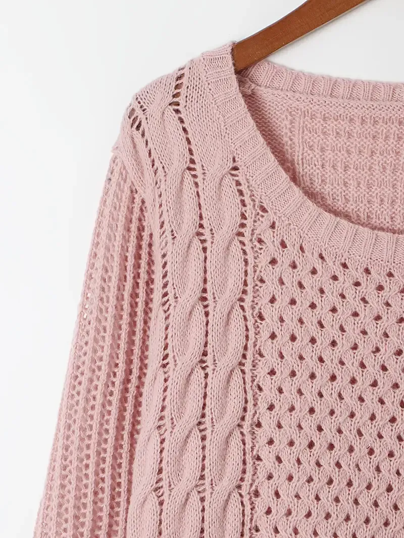 Elegant Pink Knit Sweater Dress for Women - Casual Long Sleeve, Round Neck, Bodycon Midi with Cable Knit Pattern, Perfect for Fall/Winter, 100% Polyester
