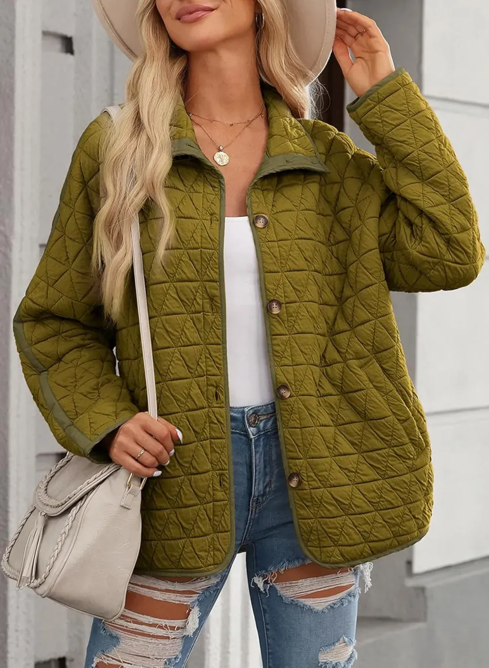 Women's Lightweight Diamond Quilted Jacket Casual Winter Open Front Button Down Puffer Coat Outwear Cardigan