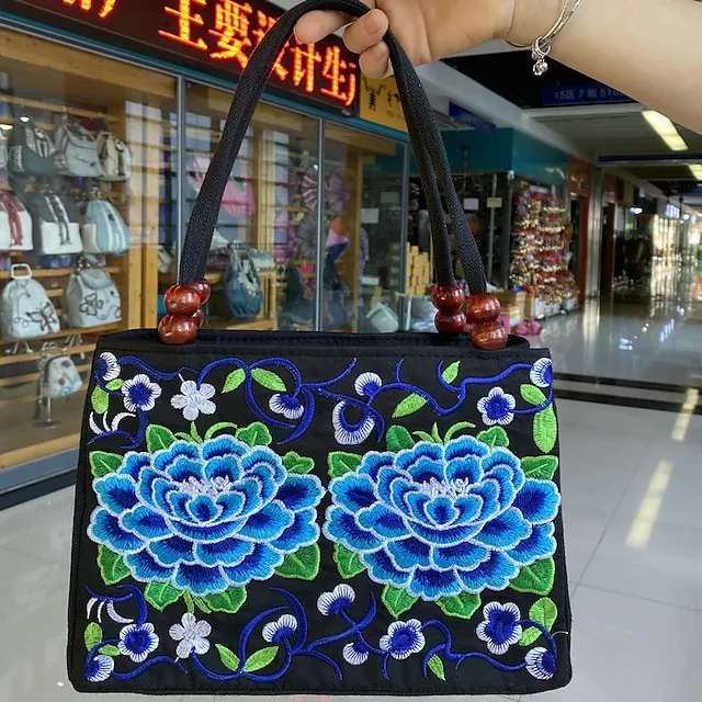 Women's Handbag Canvas Outdoor Holiday Embroidery Large Capacity Breathable Lightweight Folk Dark Red Black / Red Blue peacock