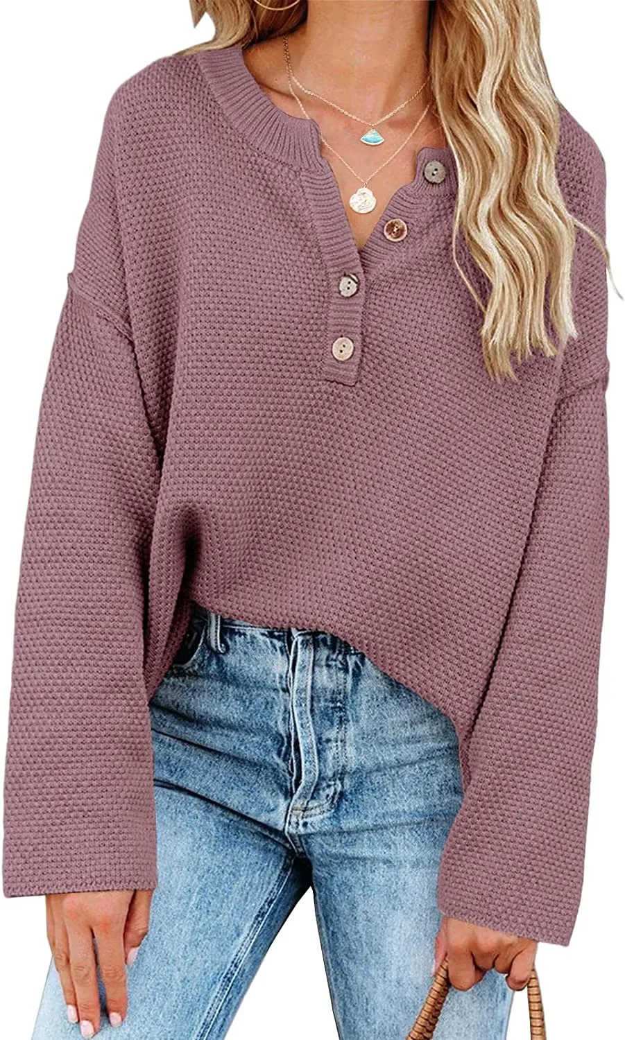 Women's Oversized Sweaters Batwing Long Sleeve Loose V Neck Button Henley Tops Pullover Knit Jumper